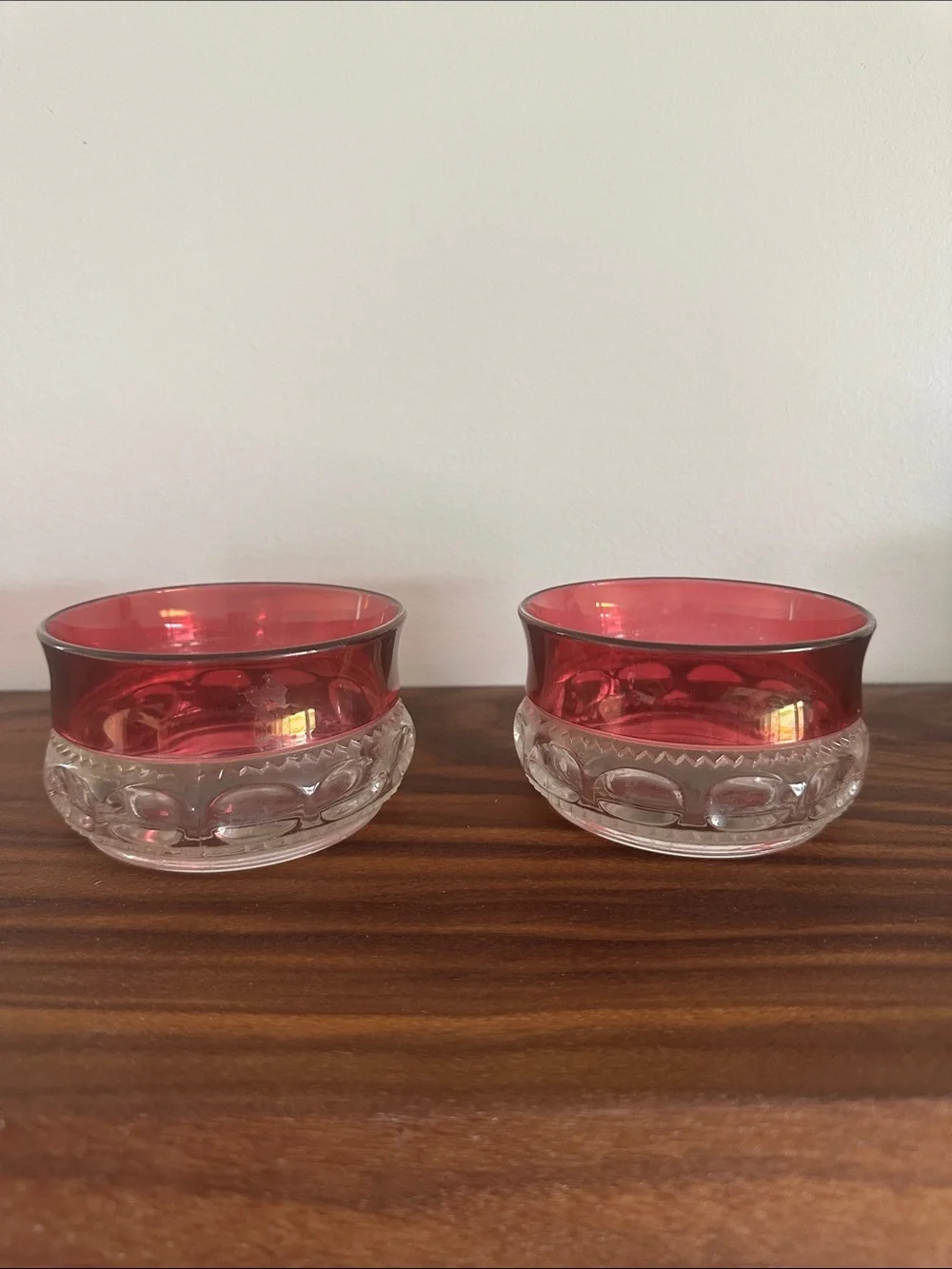 Vintage Set of 2 Tiffin Kings Crown Ruby Flash Thumbprint Dessert Bowls